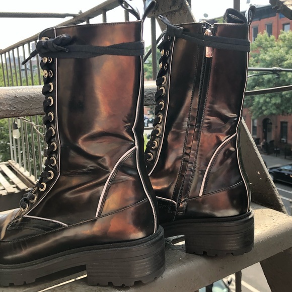 NWOT NWOB Havva Mustafa Metallic Oiled Bronze Black Lace Up Combat Boots - Picture 10 of 16